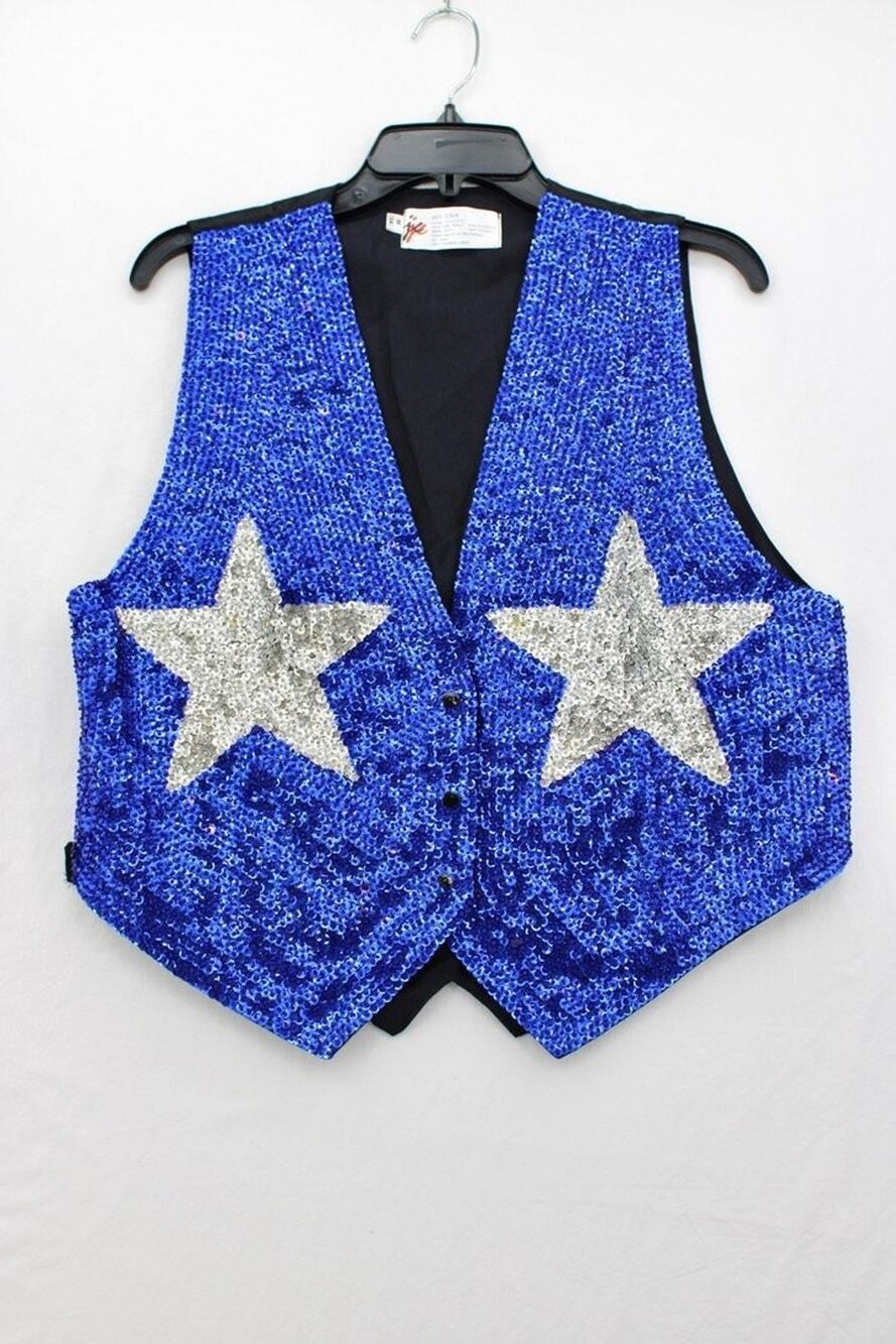Blue Cowboy Sequin Vest Silver Stars Medium Heavily Beaded Patriotic Texas Dance